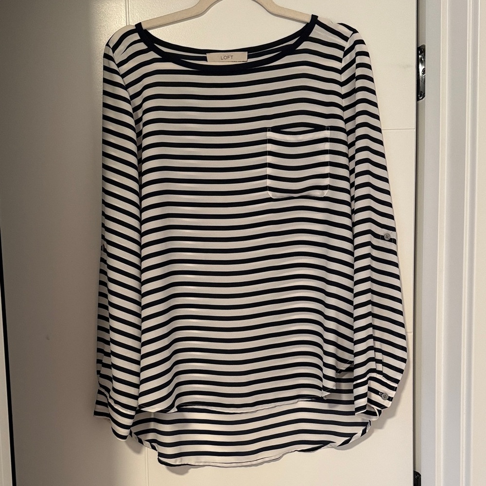 LOFT Navy and White Striped Blouse
